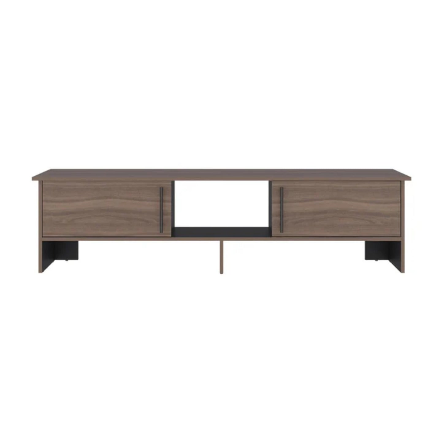 rack de madera marrón frontal, sala de estar, con espacio para dispositivos