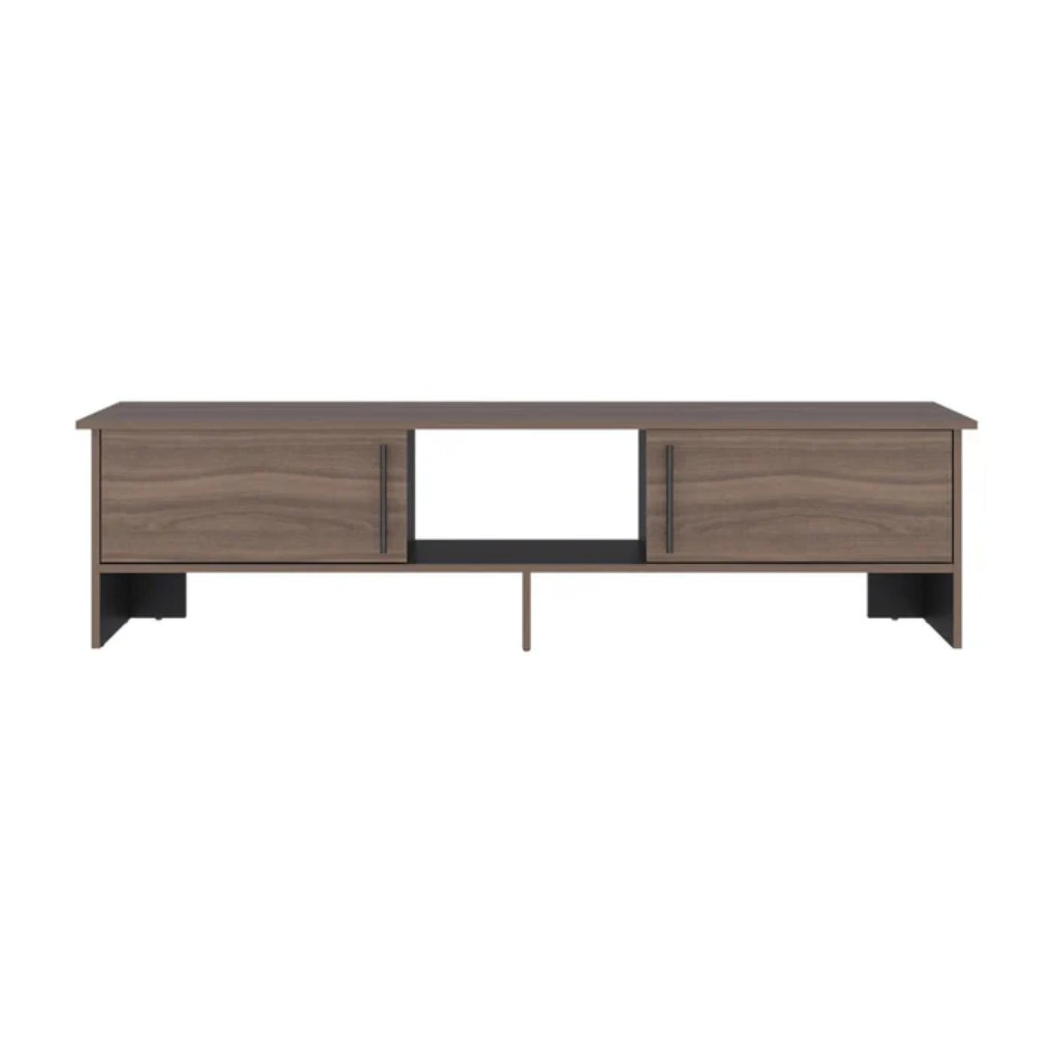 rack de madera marrón frontal, sala de estar, con espacio para dispositivos