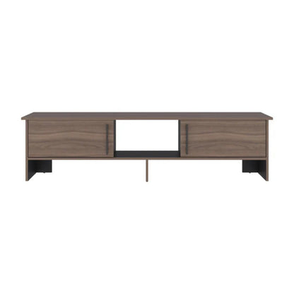 rack de madera marrón frontal, sala de estar, con espacio para dispositivos