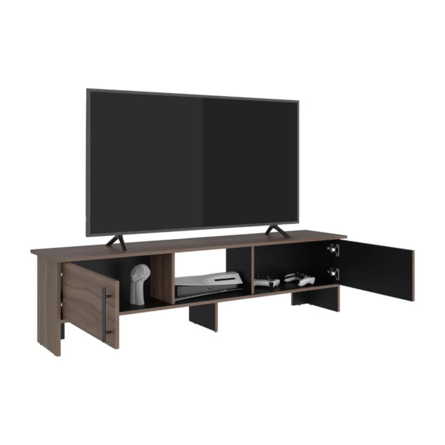 rack de TV madera oscura, frente, con espacios para consola de videojuegos