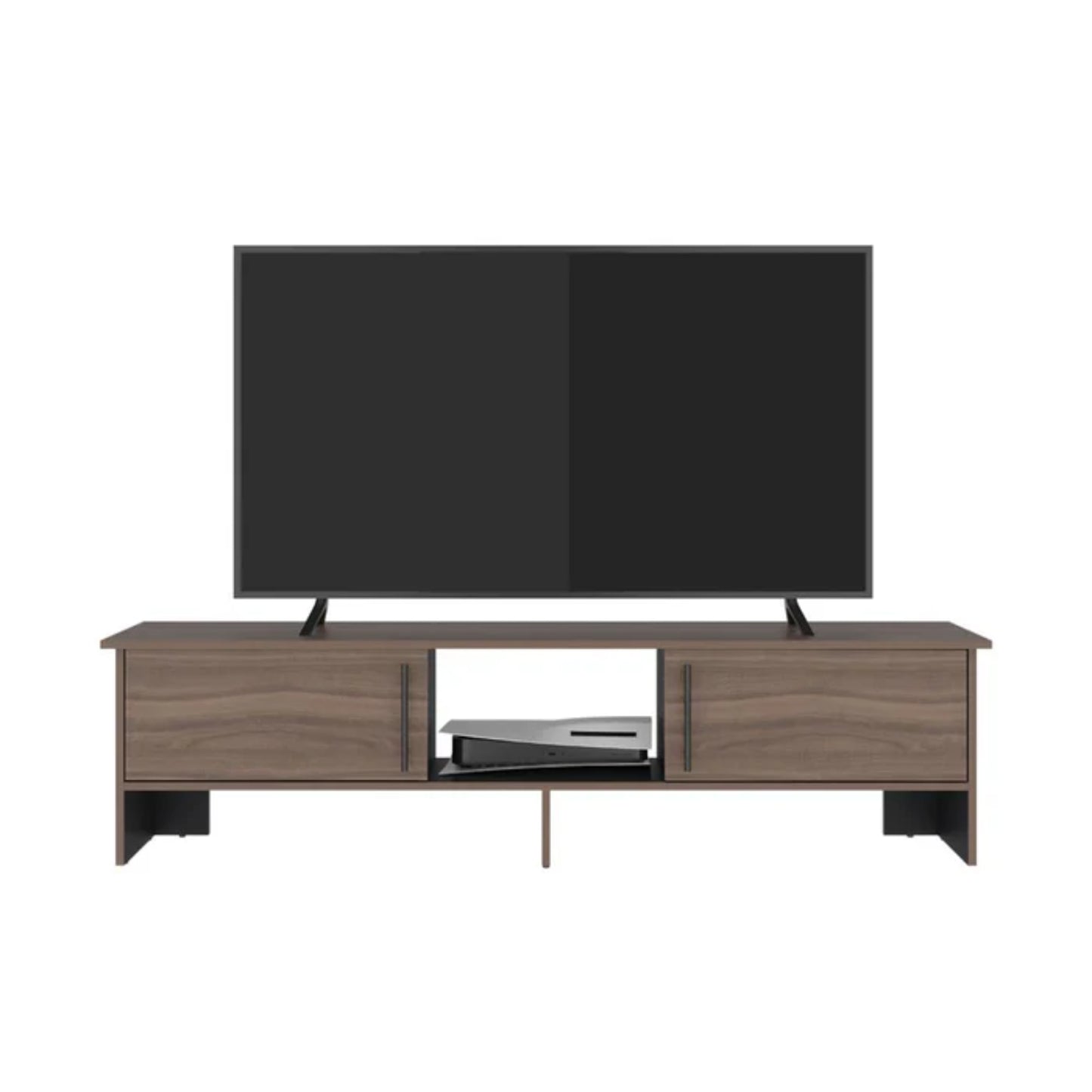 rack de televisión marrón con espacio para consola, vista frontal