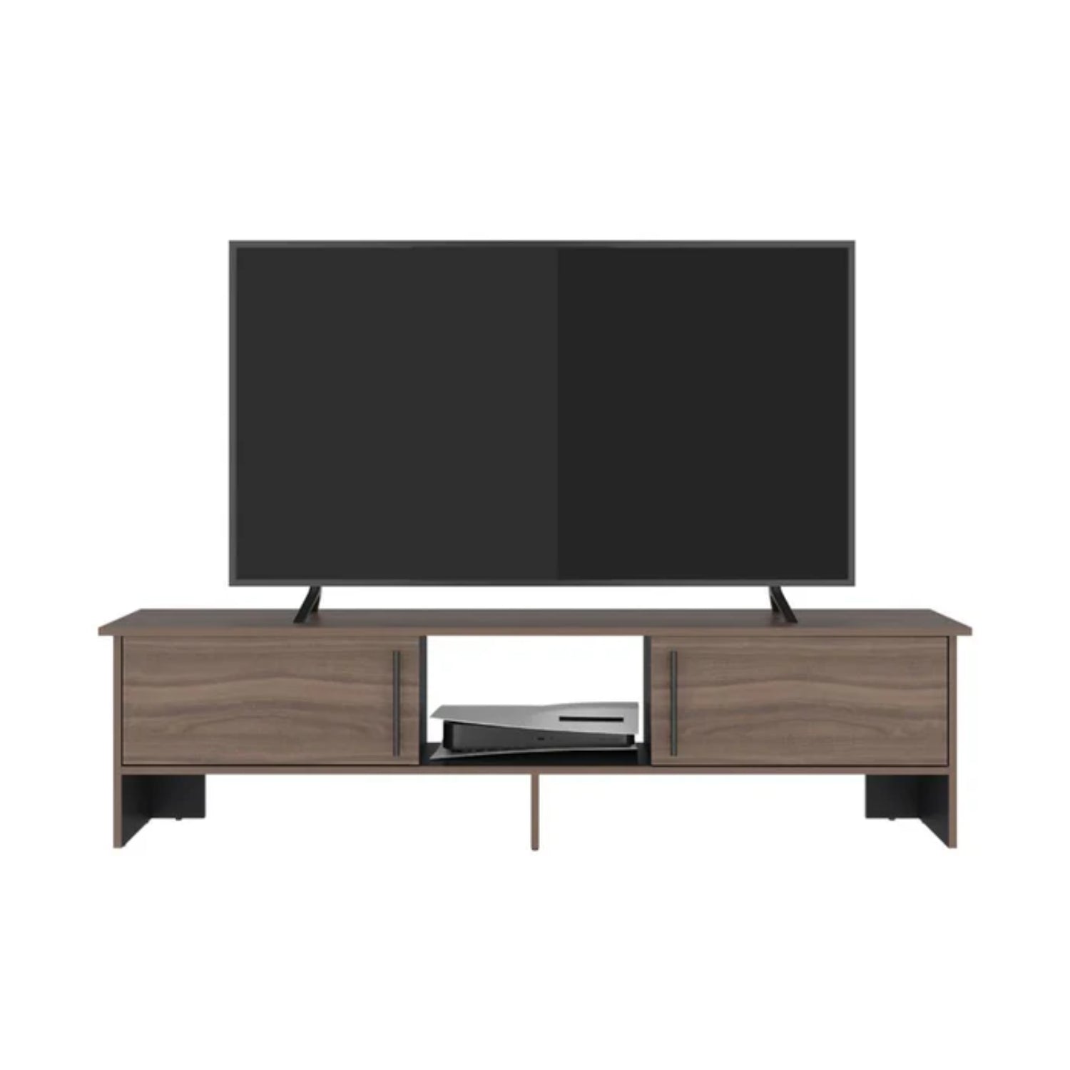 rack de televisión marrón con espacio para consola, vista frontal