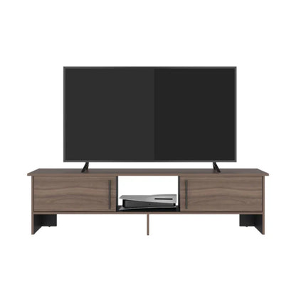 rack de televisión marrón con espacio para consola, vista frontal