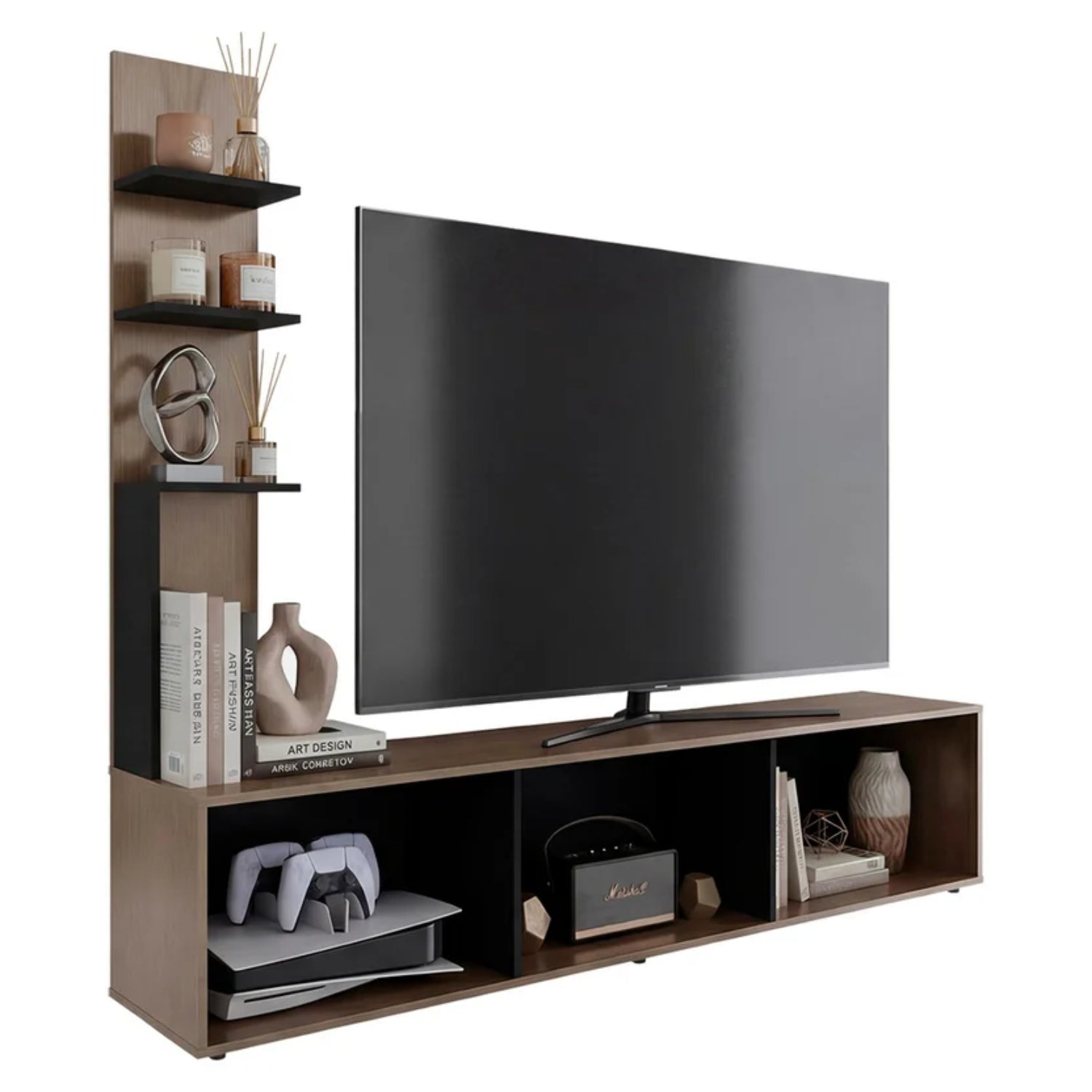 mueble para TV con estantes, color madera, centro de entretenimiento moderno