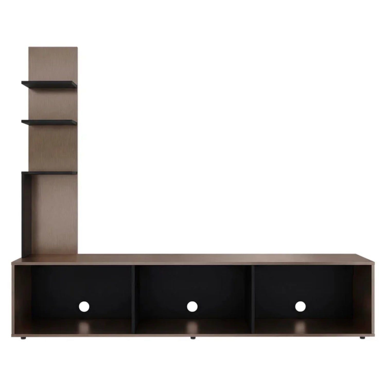 mueble centro marrón con estantes y espacio para dispositivos