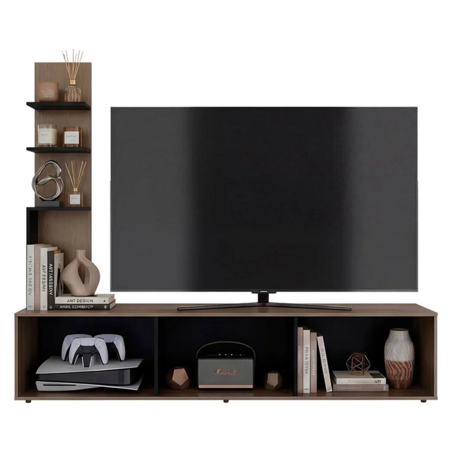 mueble de centro de sala color madera, con estante y televisor