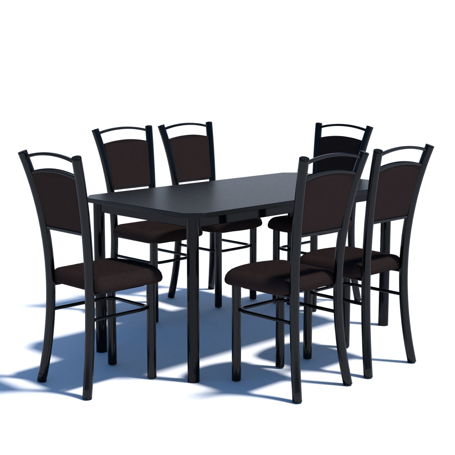 mesa de comedor negra con seis sillas, estilo moderno, ambiente familiar