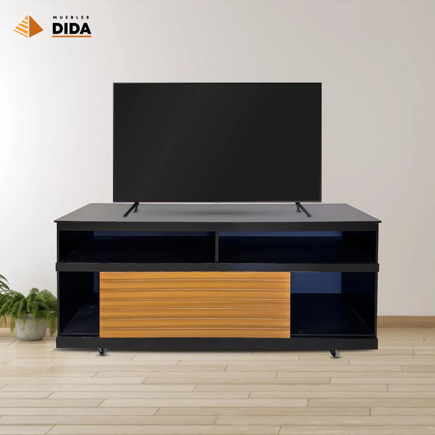 Rack para TV moderno madera color negro con detalle de panel frontal de madera de MUEBLES DIDA
