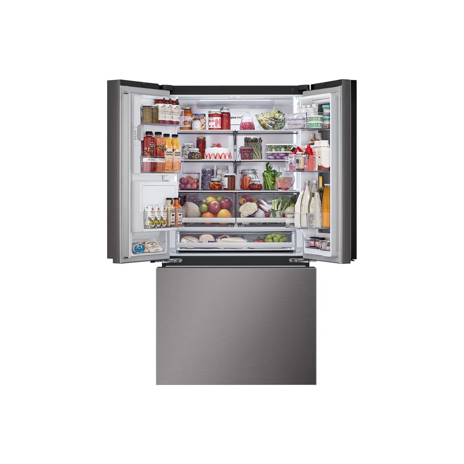 Refrigeradora LG de acero inoxidable vista frontal, interior con productos organizados