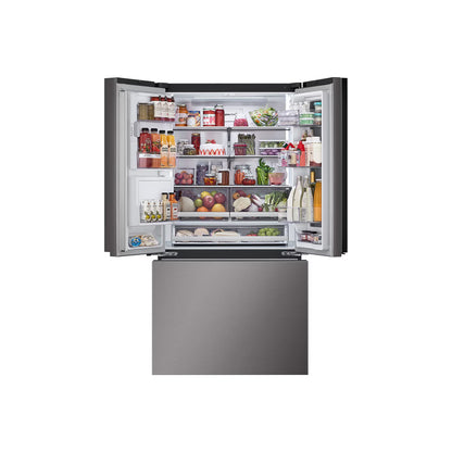 Refrigeradora LG de acero inoxidable vista frontal, interior con productos organizados