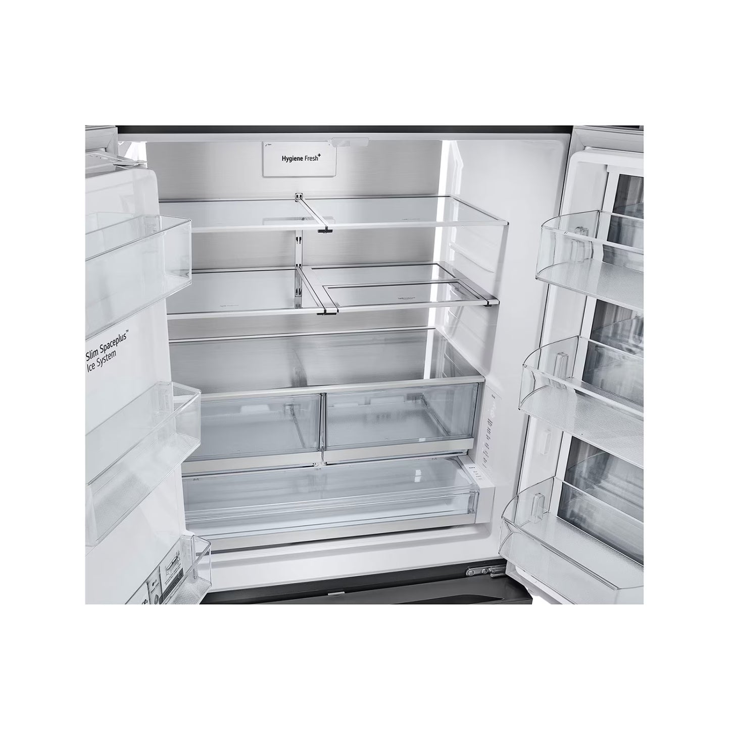 refrigeradora LG interior vacío, estantes de vidrio, iluminación brillante