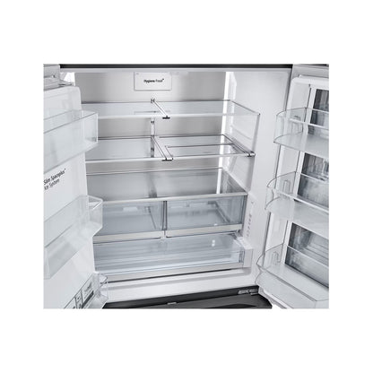 refrigeradora LG interior vacío, estantes de vidrio, iluminación brillante