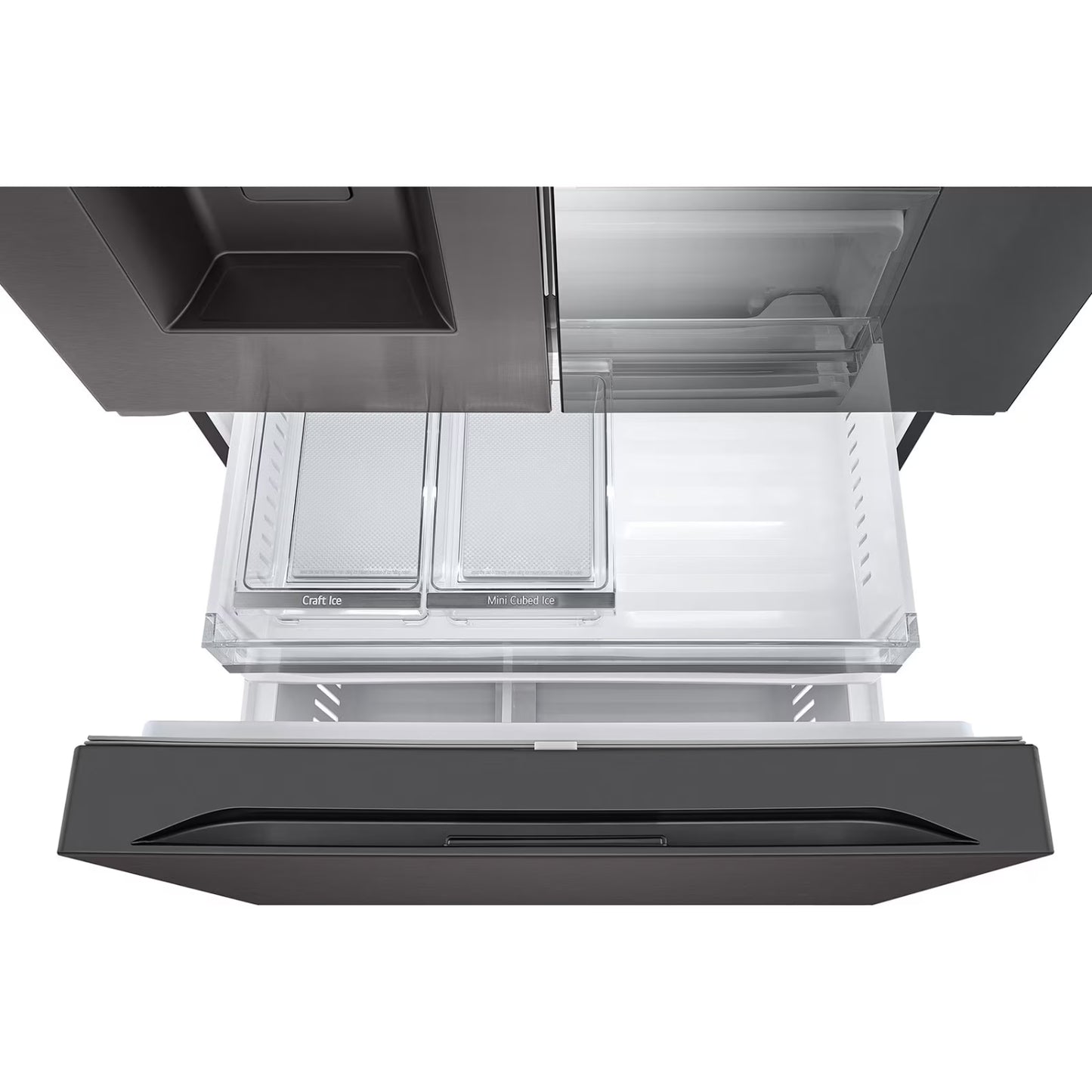 refrigeradora LG negra vista interior, cajones de almacenamiento