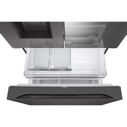 refrigeradora LG negra vista interior, cajones de almacenamiento