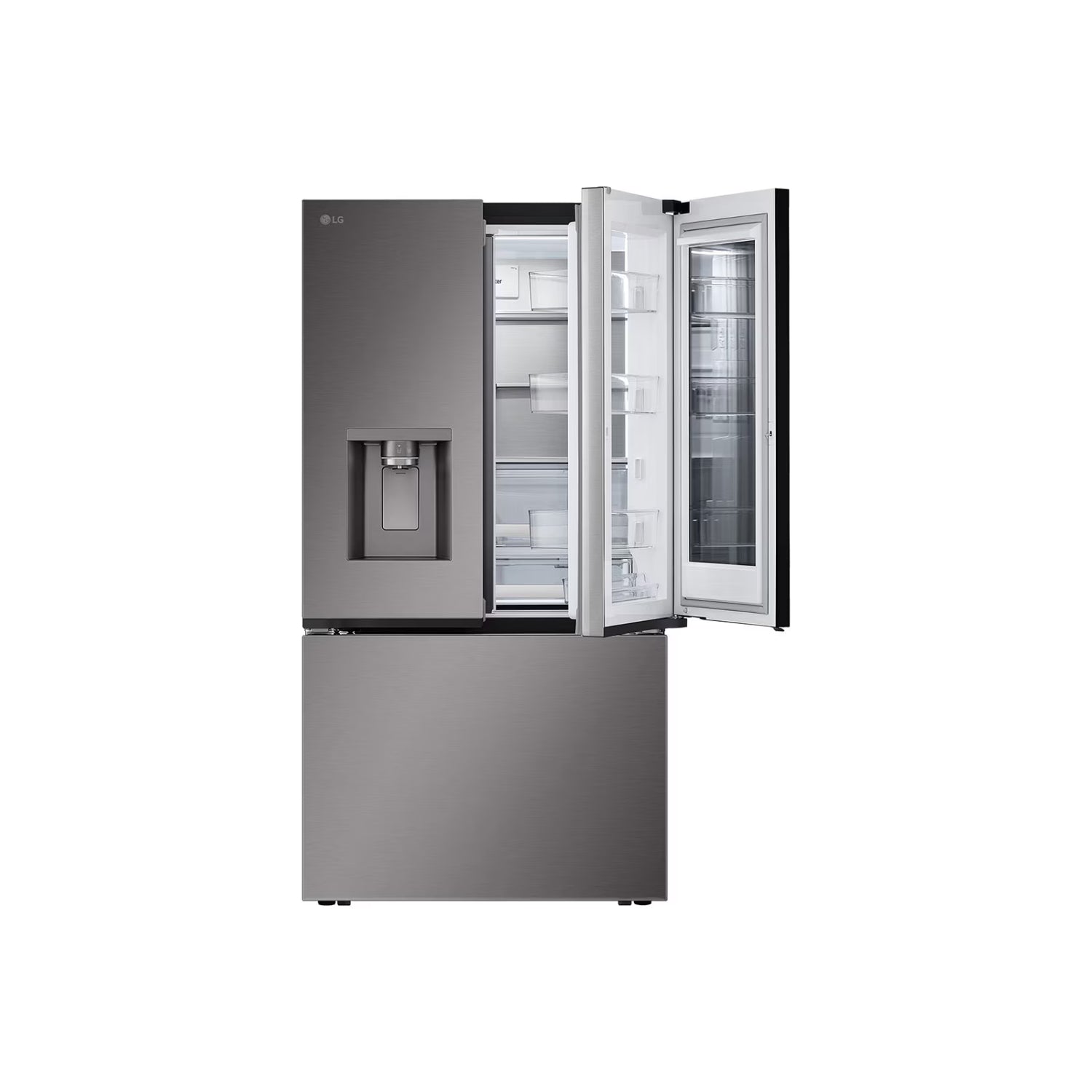 Refrigeradora LG gris frontal, vista abierta, con dispensador de agua