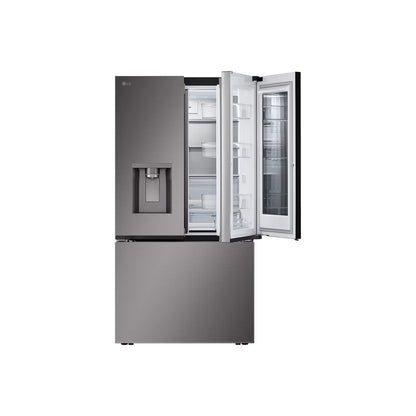 Refrigeradora LG gris frontal, vista abierta, con dispensador de agua