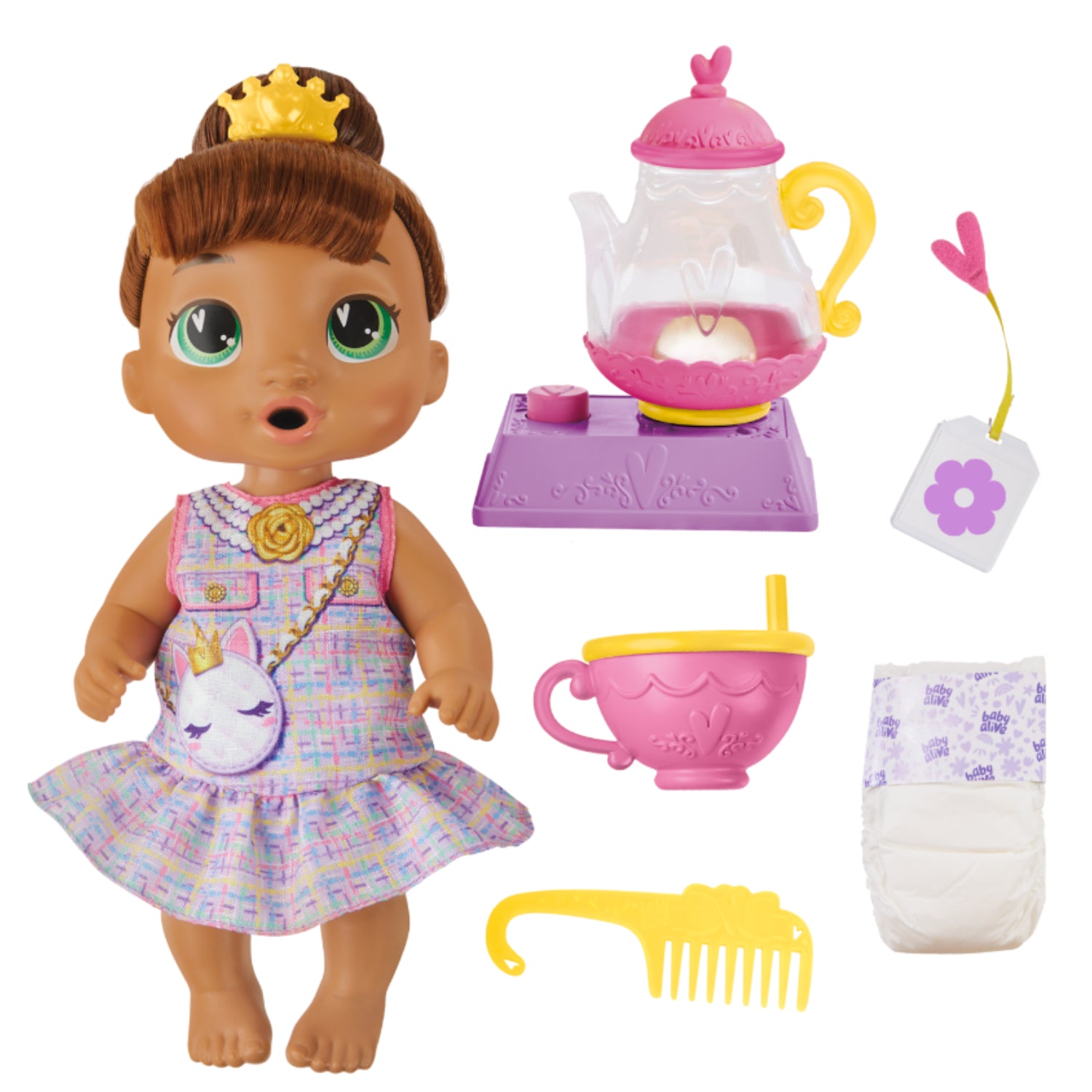 Muñeca HASBRO con vestido colorido, accesorios de té y peinado.