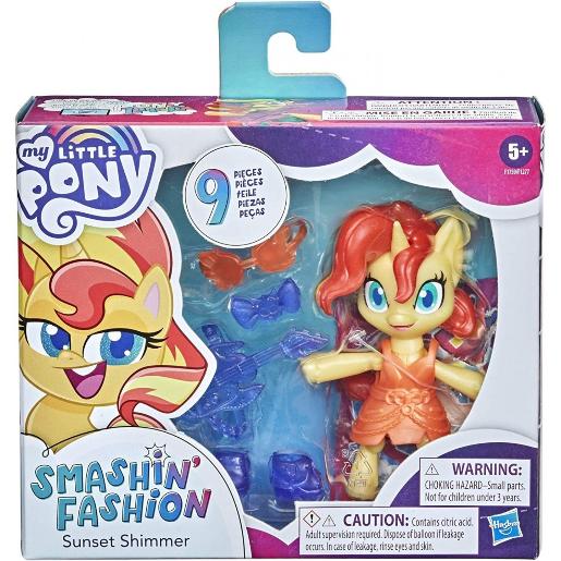 Muñeca Sunset Shimmer de My Little Pony, colores vibrantes, vista frontal con accesorios