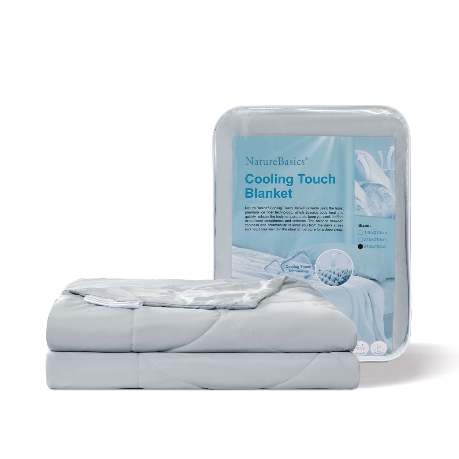 Ropa de cama fresca para verano con manta Cooling Touch gris y envase transparente