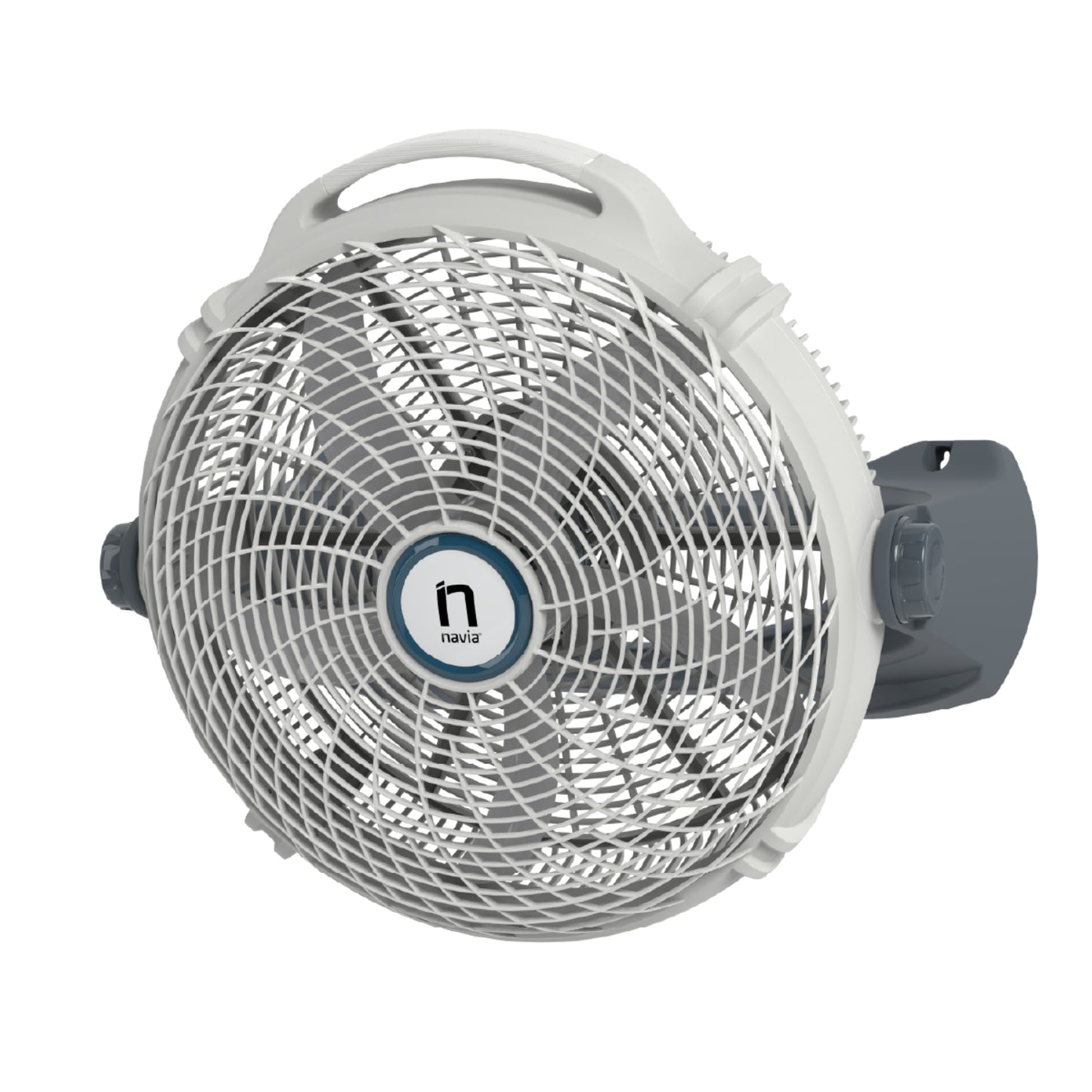 ventilador gris, lateral, diseño compacto ideal para espacios pequeños
