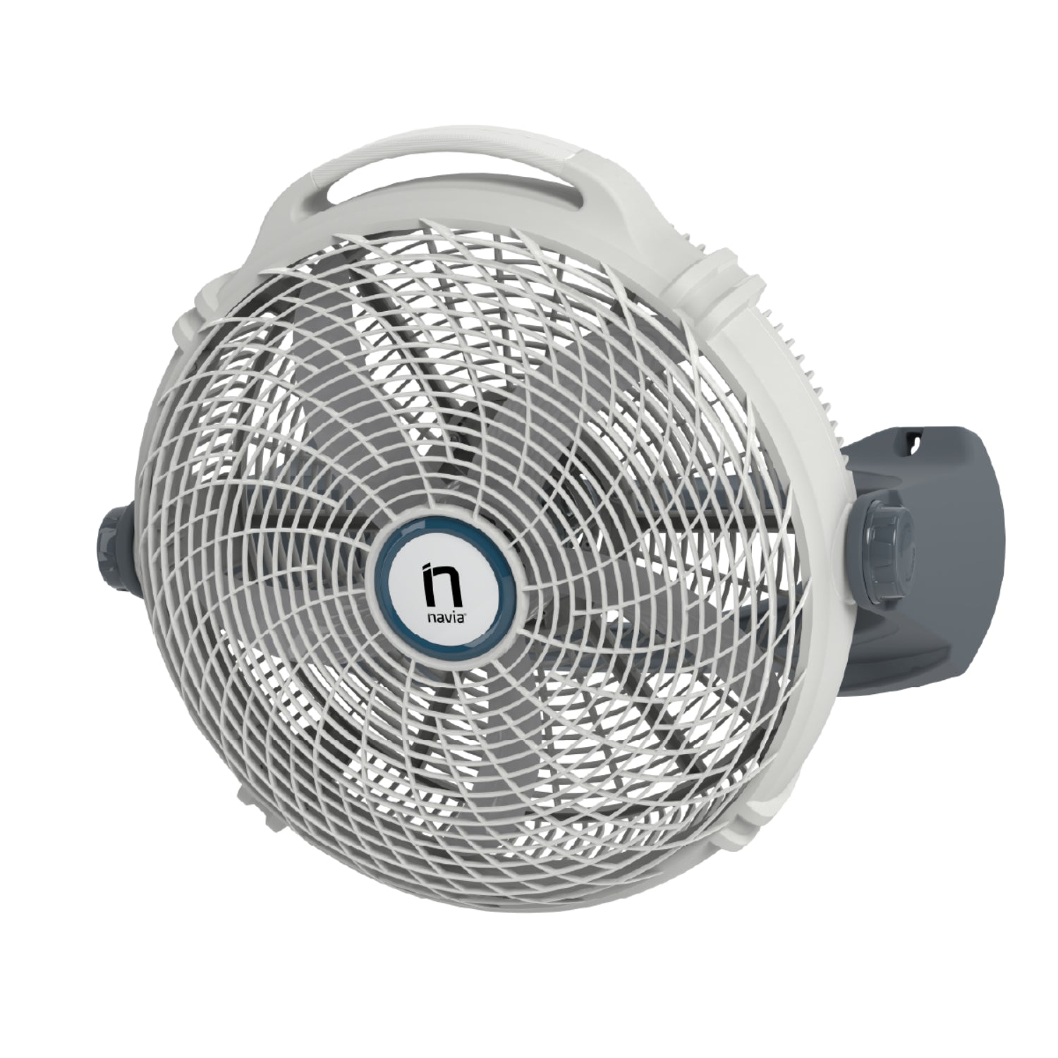 ventilador gris, lateral, diseño compacto ideal para espacios pequeños