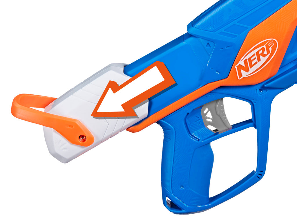 Bláster Nerf azul y naranja, vista lateral con detalles del diseño