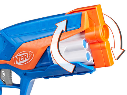 Lanzador Nerf azul y naranja con cargador giratorio y dardos visibles