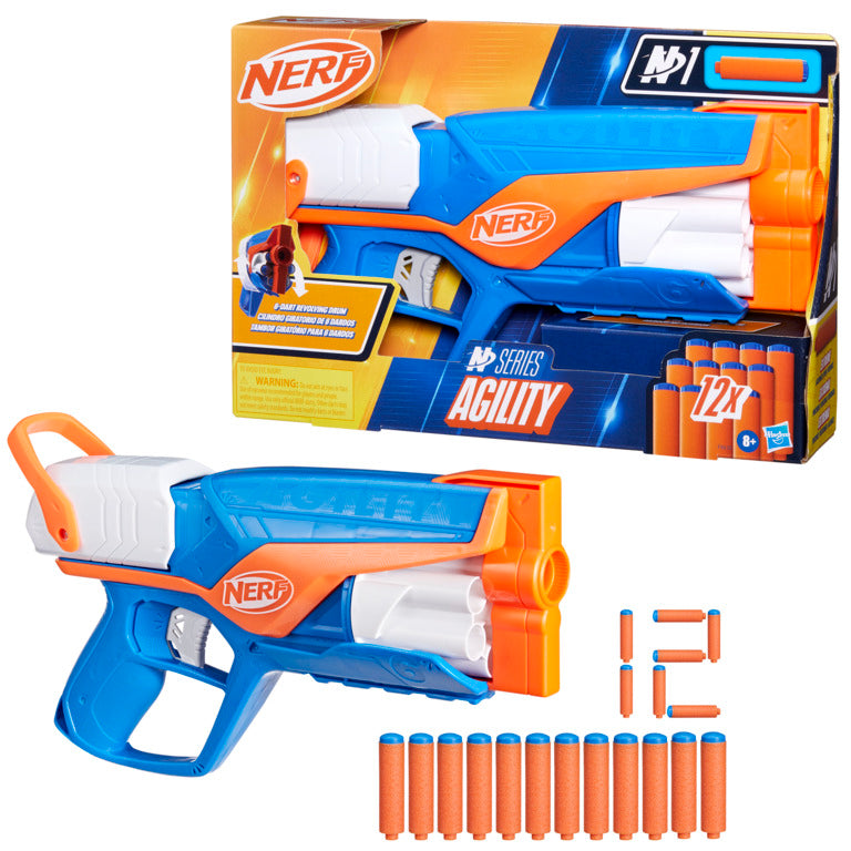 Nerf gun Agility serie LL0308, color azul y naranja, vista frontal con municiones