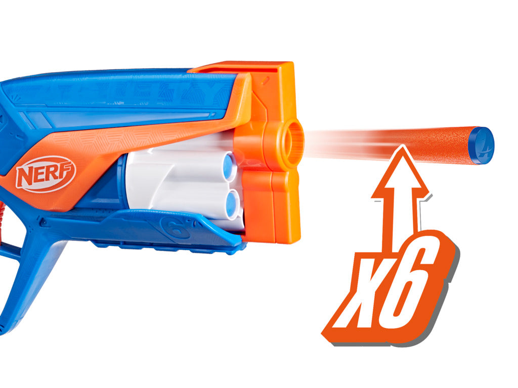 Pistola Nerf azul y naranja lanzando dardos de espuma en acción