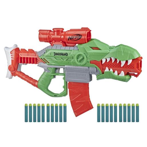 Lanza dardos Nerf Dinossauro verde y rojo con mira, juguete para juegos al aire libre