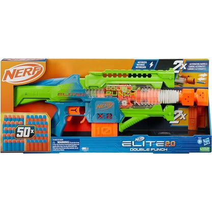Nerf Elite 2.0 Double Punch, lanzadora azul y verde, vista frontal en caja