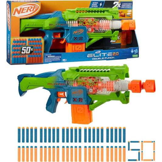 Nerf Elite 2.0 X-28 pistola verde y azul, juguete de combate con dardos en caja