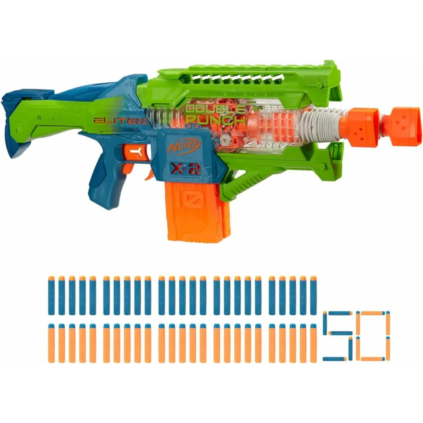 Nerf Elite Blaster azul y verde con 50 dardos naranja, vista frontal