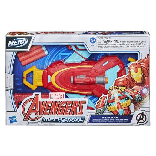 Juguete Nerf Avengers Iron Man en caja frontal, ideal para juegos de acción
