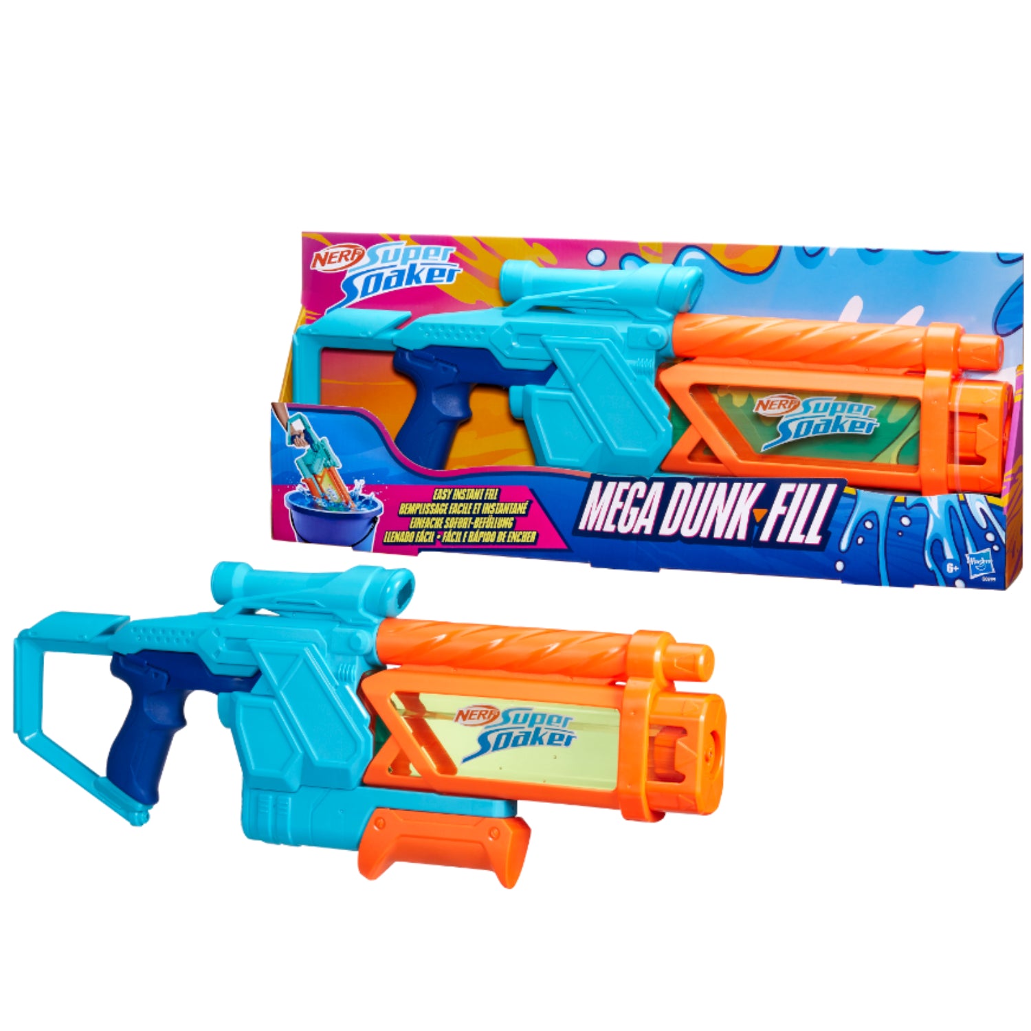 Pistola juguete Nerf Mega Dunk Fill color azul y naranja, vista frontal en su caja