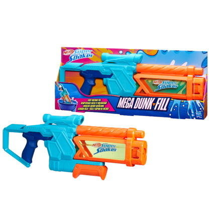 Pistola juguete Nerf Mega Dunk Fill color azul y naranja, vista frontal en su caja