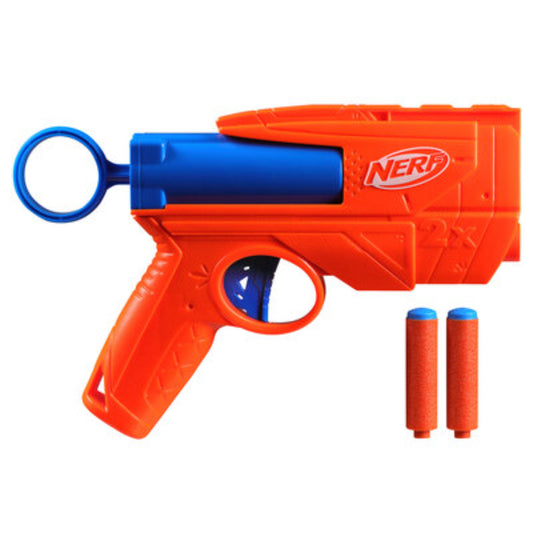 Pistola Nerf LL0308 naranja y azul con dos dardos, vista frontal