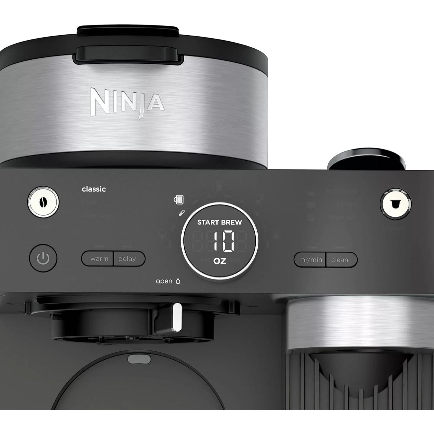 Cafetera Ninja negra frontal con botones de control y visor de agua