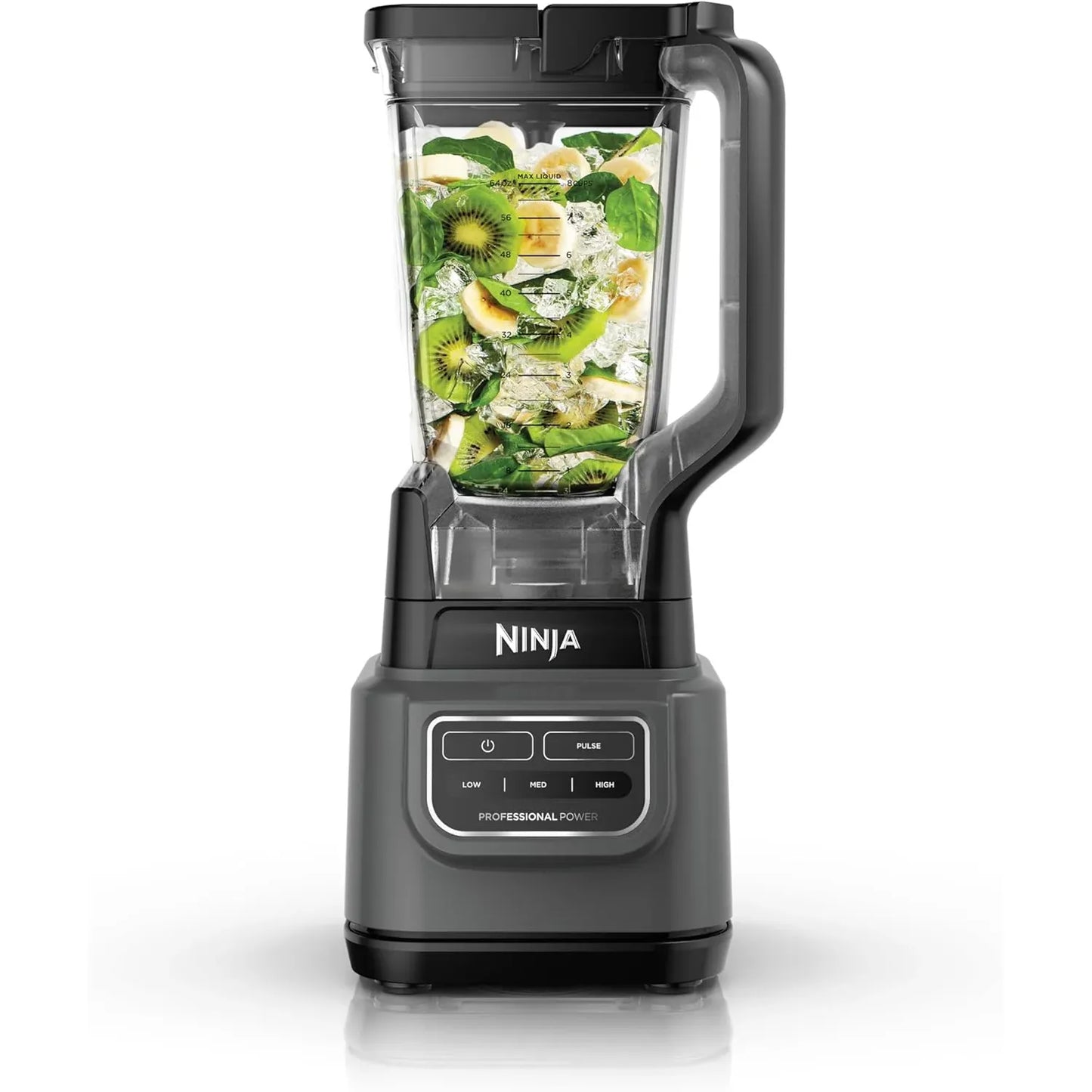 Licuadora Ninja LL0102 gris con control de velocidad y jarra llena de frutas para comprar licuadora Ninja online