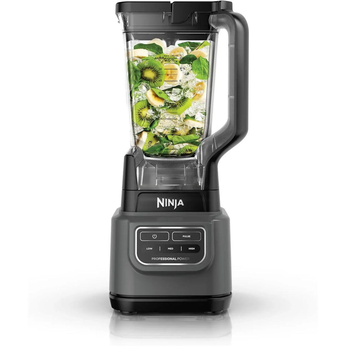 Licuadora Ninja LL0102 gris con control de velocidad y jarra llena de frutas para comprar licuadora Ninja online