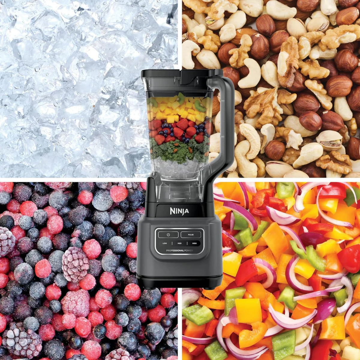 Licuadora Ninja con vaso lleno de frutas y verduras rodeada de hielo, frutos secos, frutas congeladas y verduras picadas comprar licuadora Ninja online