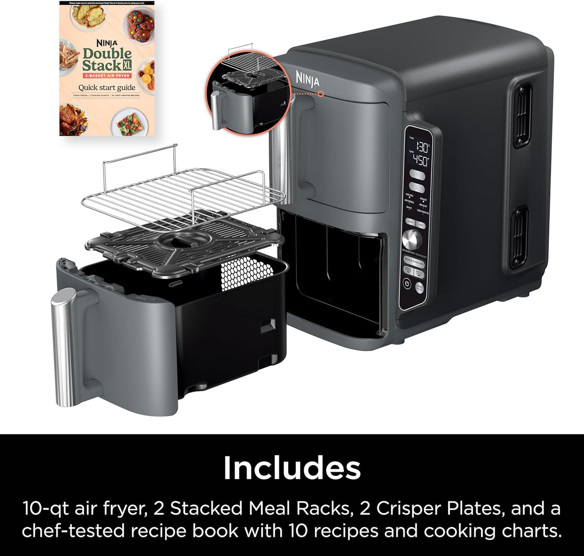 Freidora de aire Ninja DoubleStack XL 10 litros con estantes, platos crujientes y libro de recetas incluido