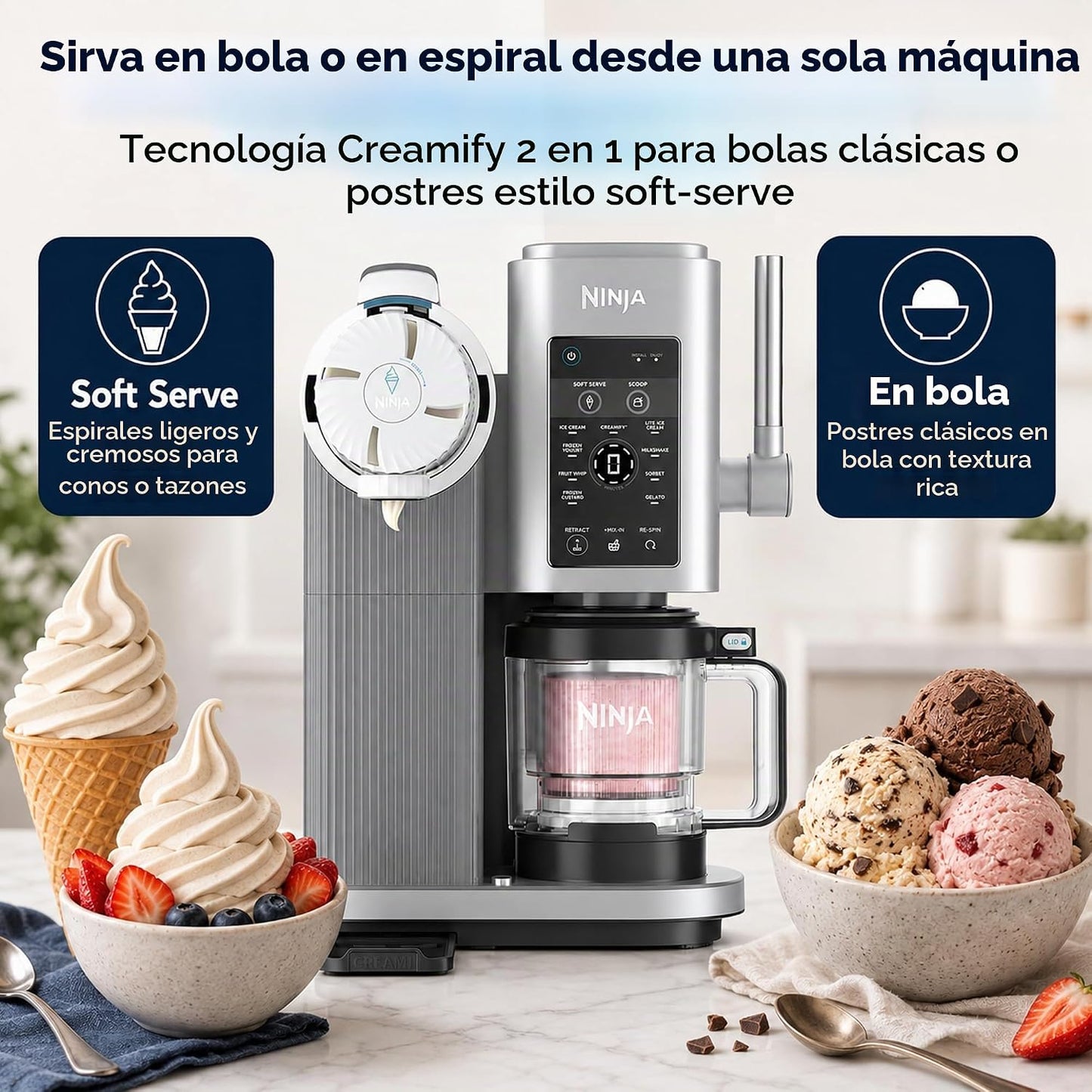 Máquina de helados Ninja, blanco y plata, con opción de servir en bola o estilo soft serve