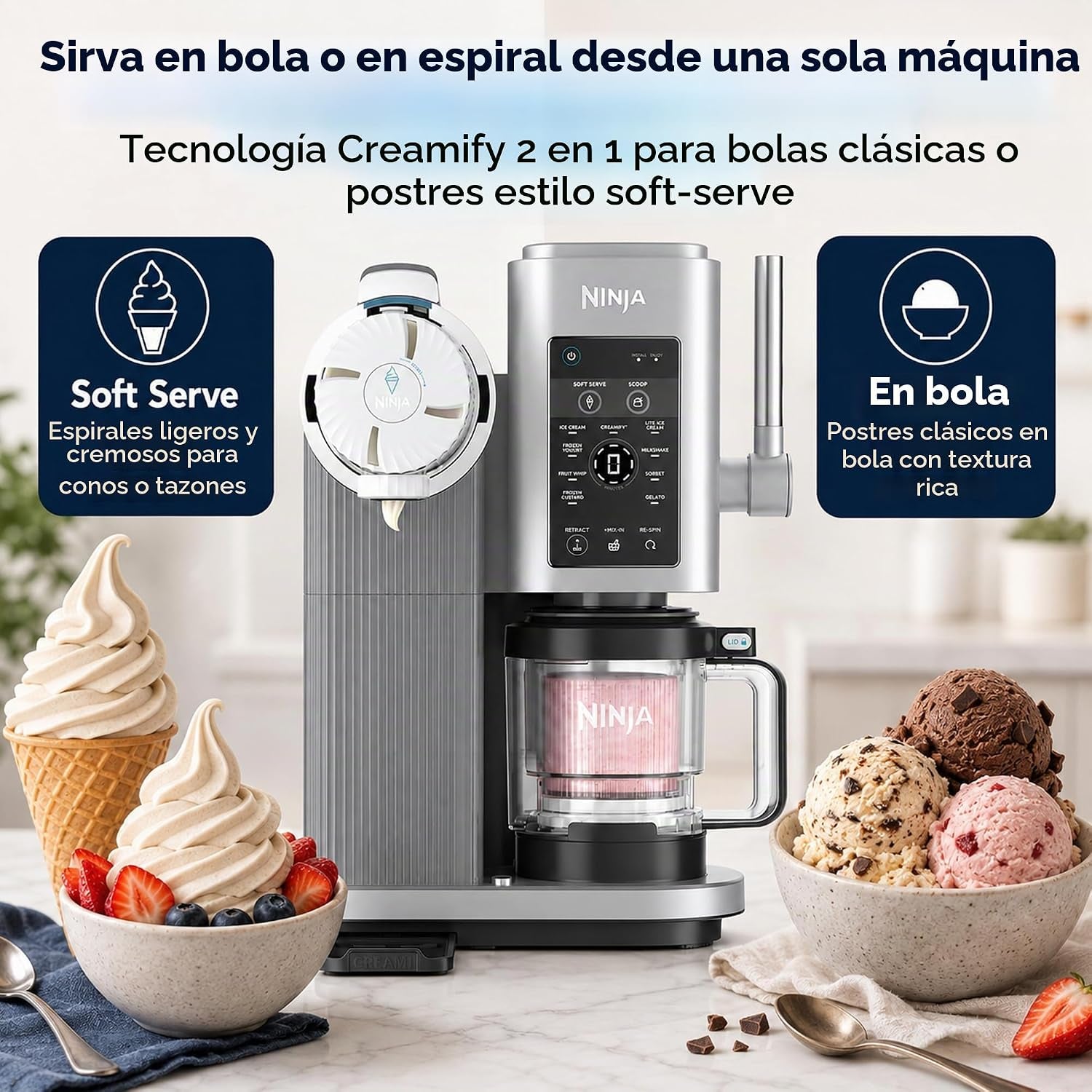 Máquina de helados Ninja, blanco y plata, con opción de servir en bola o estilo soft serve