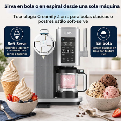 Máquina de helados Ninja, blanco y plata, con opción de servir en bola o estilo soft serve