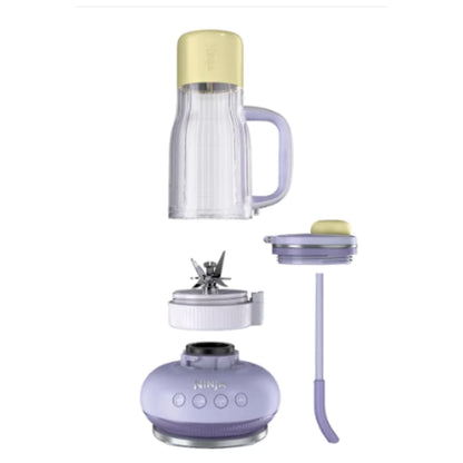 Licuadora Ninja morada con jarra y tapa, vista frontal adecuada para cocina