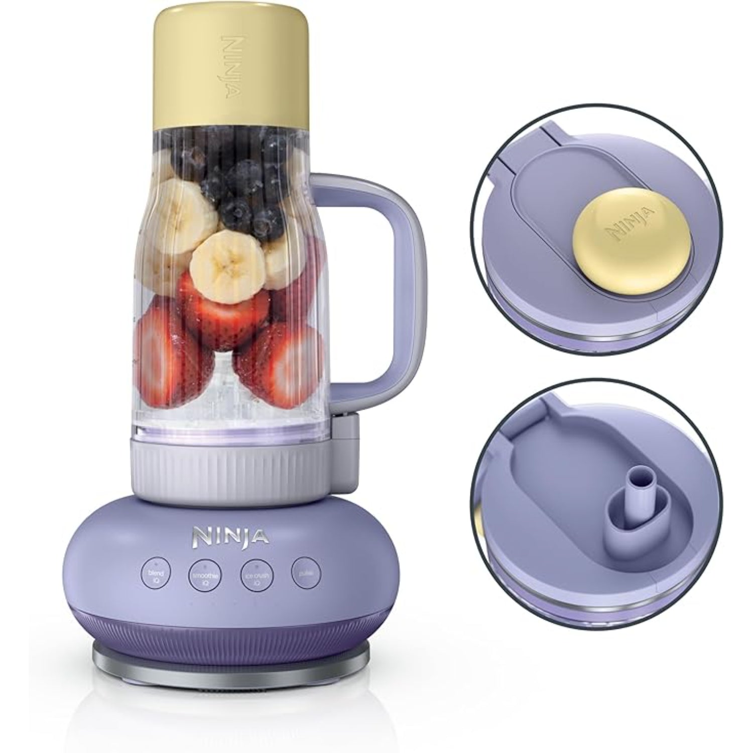 Licuadora Ninja color lavanda, diseño moderno, vista frontal con frutas dentro