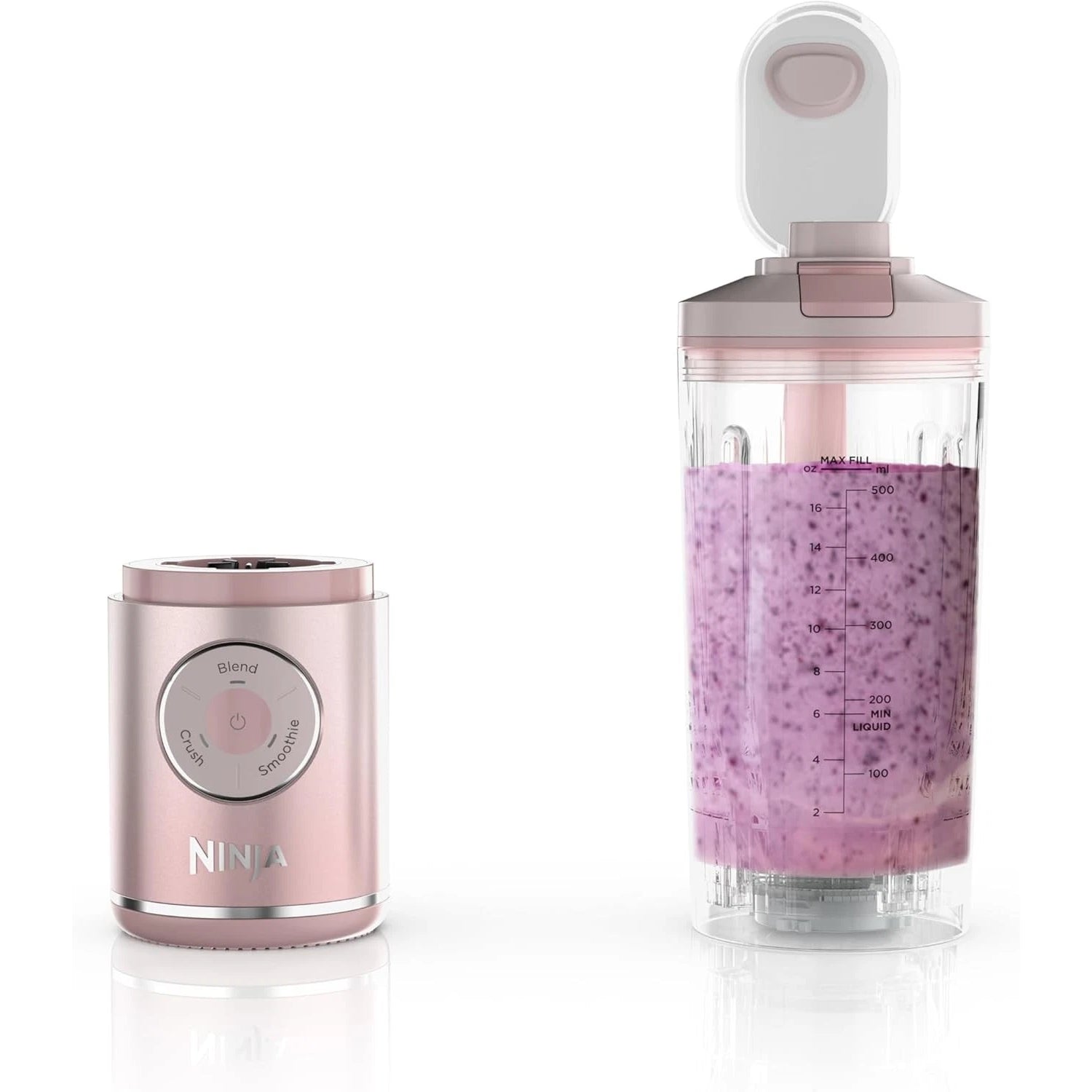 licuadora Ninja rosa, vista frontal, ideal para batidos y smoothies