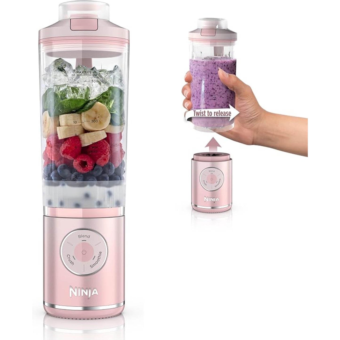 licuadora Ninja rosa con frutas frescas y vaso de mezcla, vista frontal y contexto de uso