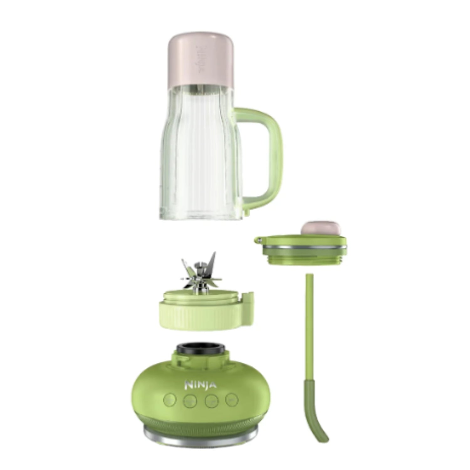 Licuadora verde Ninja con vaso y tapa, vista frontal para preparar batidos